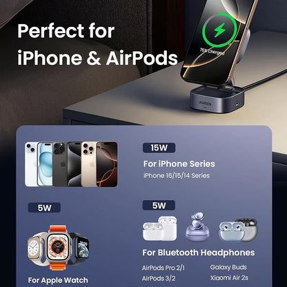 UGREEN W702 3in1 Trådlös Nätverksladdare, 20W, 1.67A, 1 x USB-C, Svart