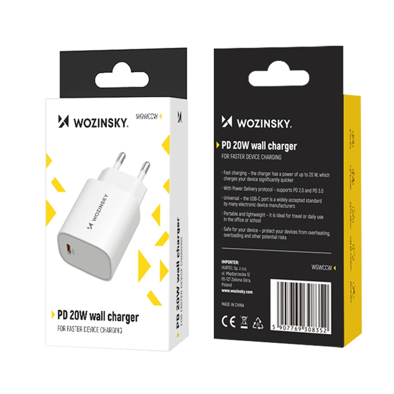 Nätadapter WZK WGWCCW, 20W, 3A, 1 x USB-C, Vit