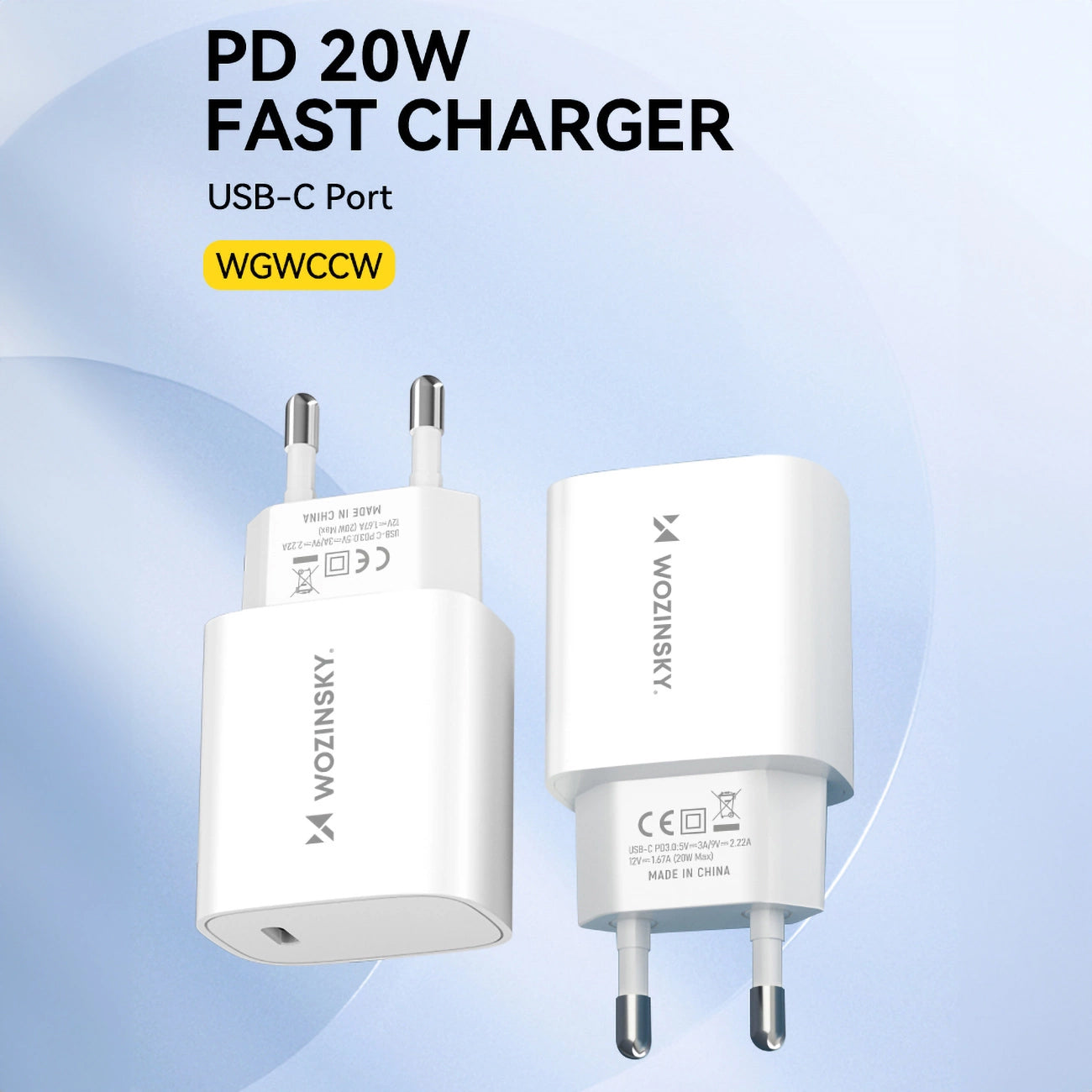 Nätadapter WZK WGWCCW, 20W, 3A, 1 x USB-C, Vit