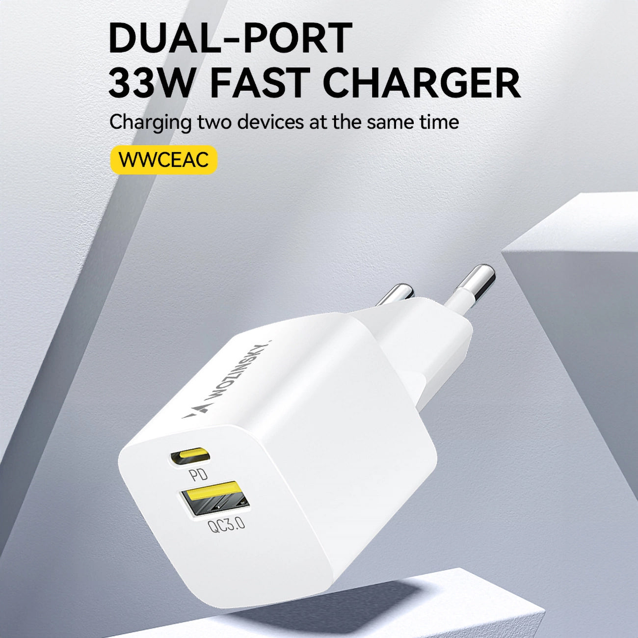 Nätverksladdare WZK WWCEAC, 33W, 3A, 1 x USB-A - 1 x USB-C, Vit
