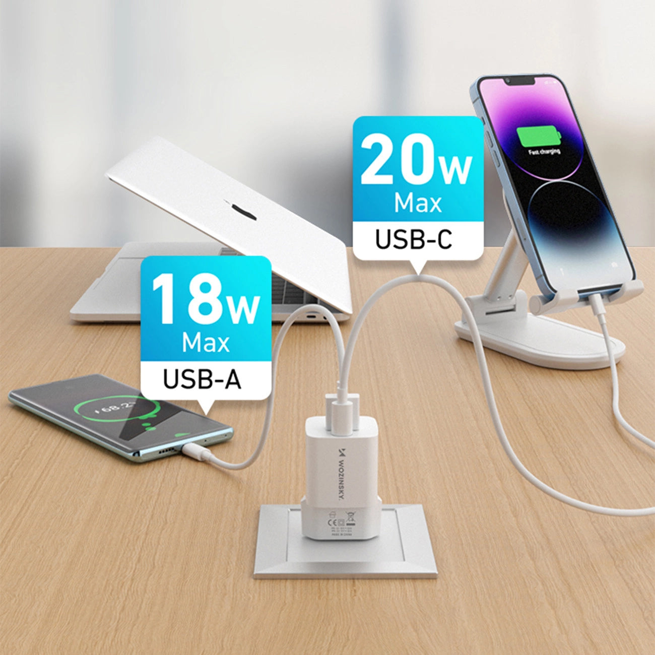 Nätverksladdare WZK WWCEAC, 33W, 3A, 1 x USB-A - 1 x USB-C, Vit
