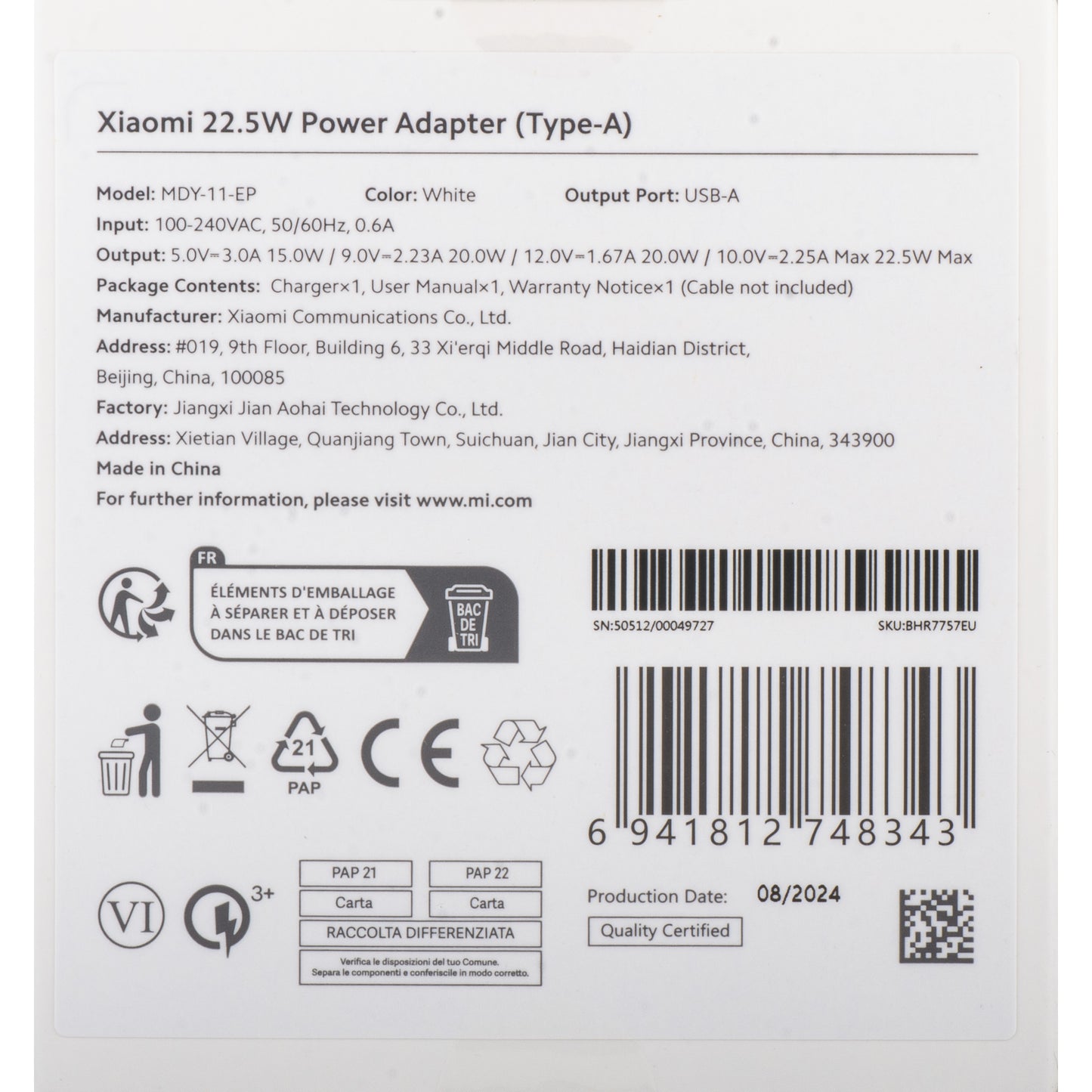 Xiaomi Nätadapter, 22.5W, 3A, 1 x USB-A, Vit BHR7757EU