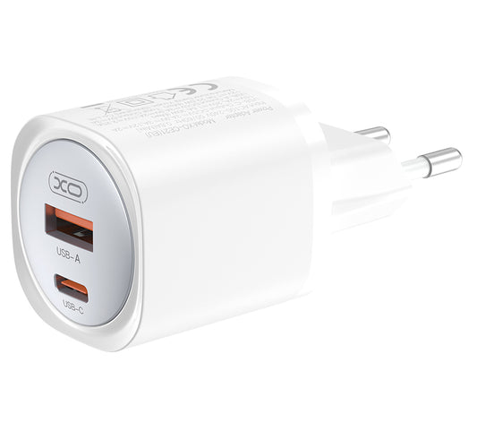 Nätverksladdare XO Design CE21, 30W, 3A, 1 x USB-A - 1 x USB-C, Vit