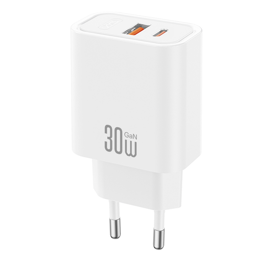 Nätadapter XO Design CE42, 30W, 3A, 1 x USB-A - 1 x USB-C, Vit