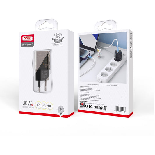 Nätverksladdare XO Design CE05, 30W, 3A, 1 x USB-A - 1 x USB-C, Brun