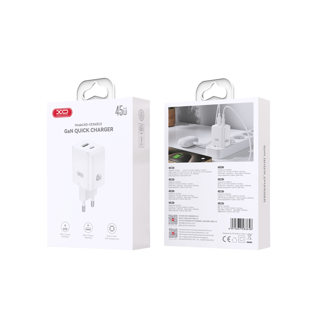 Nätverksladdare XO Design CE36, 45W, 3A, 1 x USB-A - 1 x USB-C, Vit
