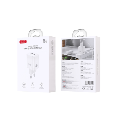 Nätverksladdare XO Design CE36, 45W, 3A, 1 x USB-A - 1 x USB-C, Vit