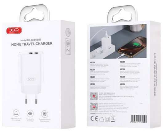 Nätverksladdare XO Design CE34, 12W, 2.4A, 2 x USB-A, Vit