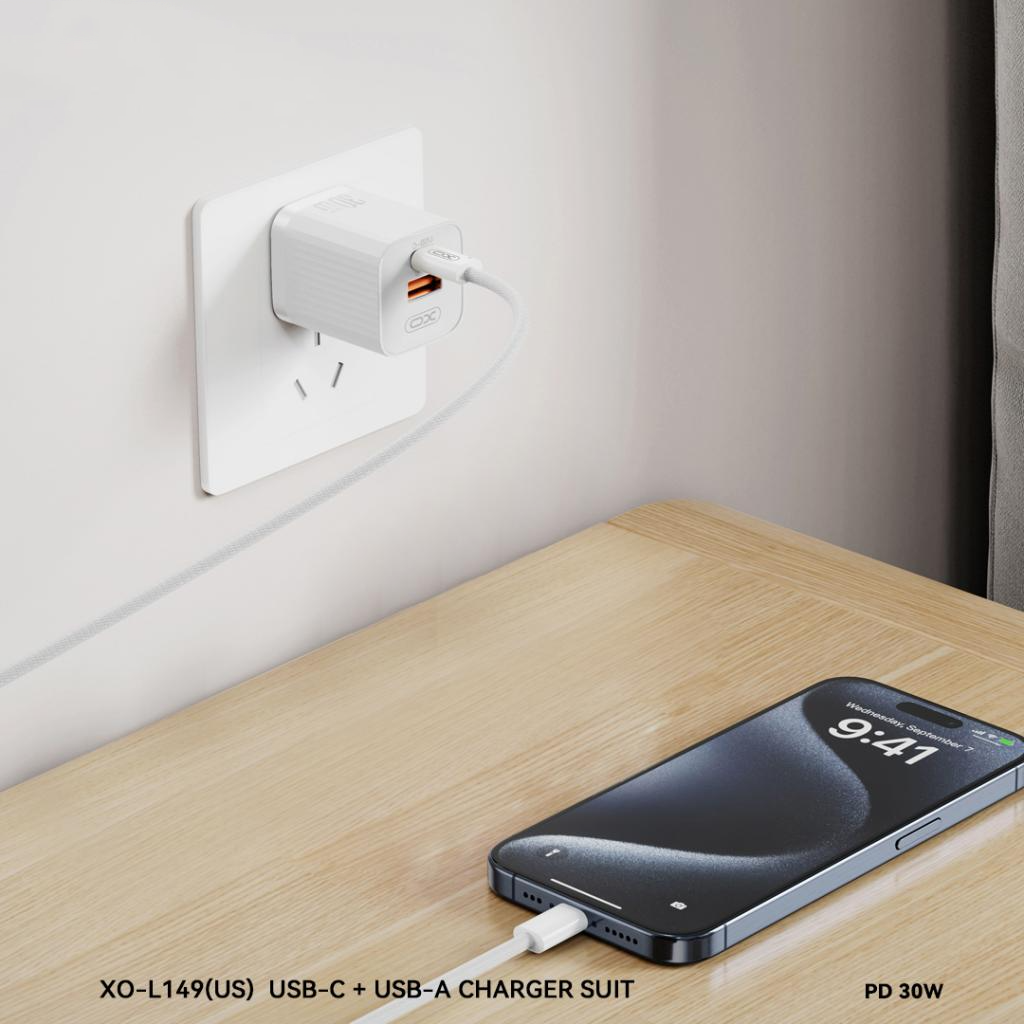 Nätadapter XO Design L149, 30W, 3A, 1 x USB-A - 1 x USB-C, Vit