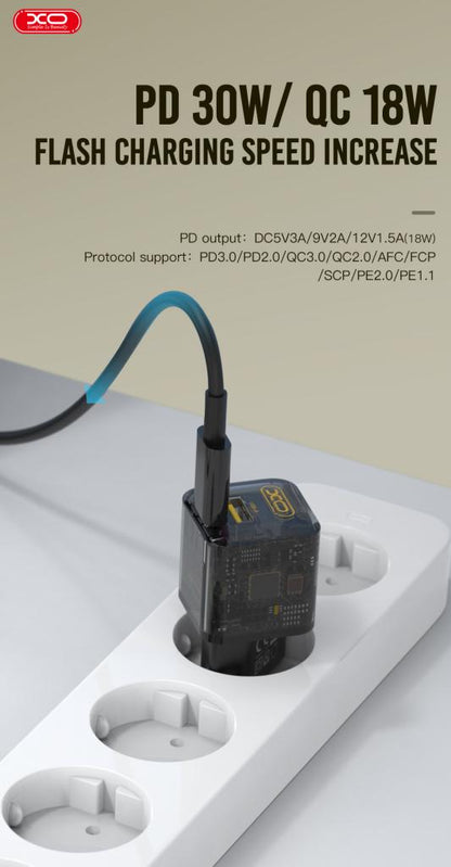 Nätverksladdare XO Design CE05, 30W, 3A, 1 x USB-A - 1 x USB-C, Brun