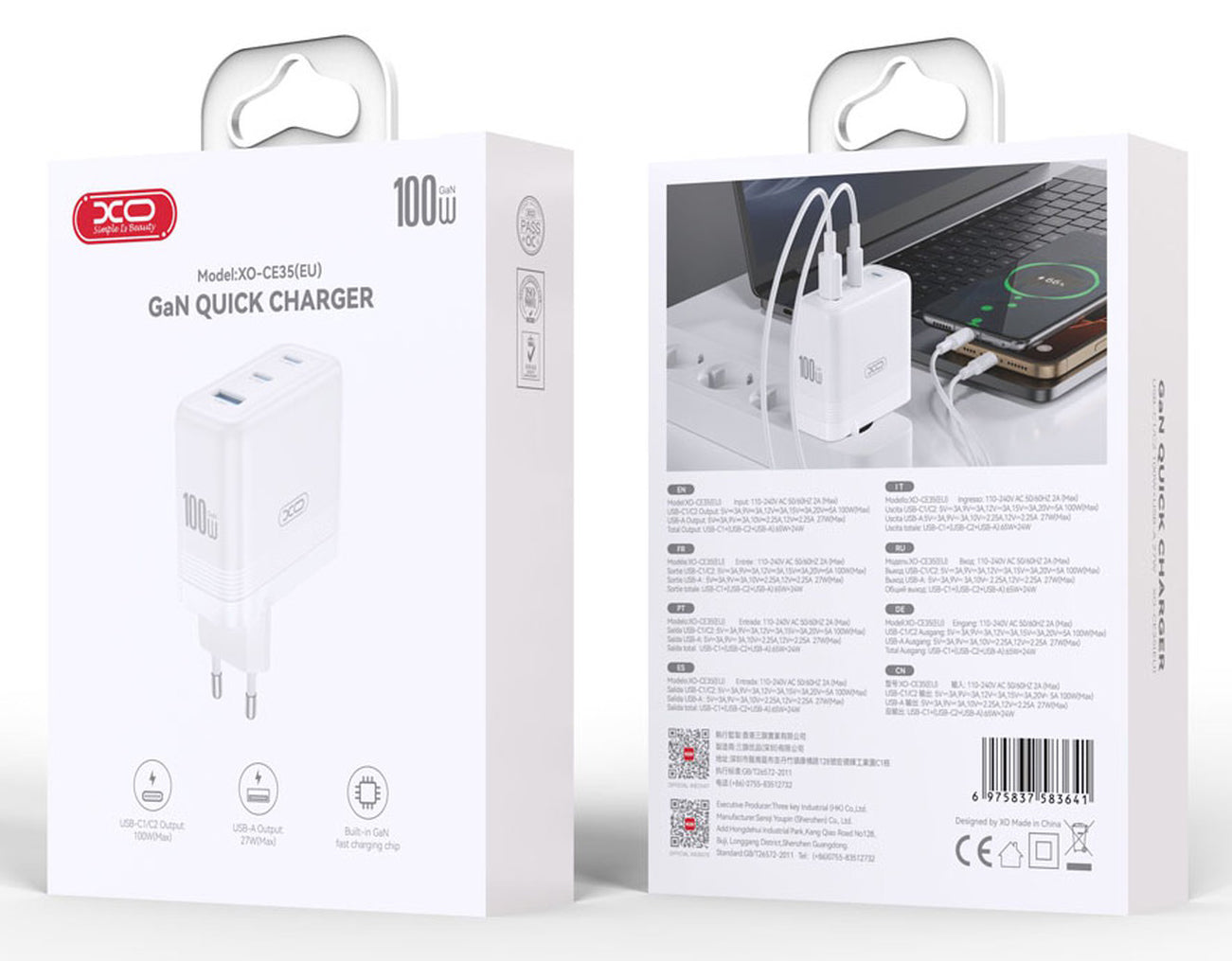 Nätverksladdare XO Design CE35, 100W, 5A, 1 x USB-A - 2 x USB-C, Vit