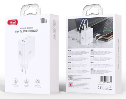 Nätverksladdare XO Design CE35, 100W, 5A, 1 x USB-A - 2 x USB-C, Vit