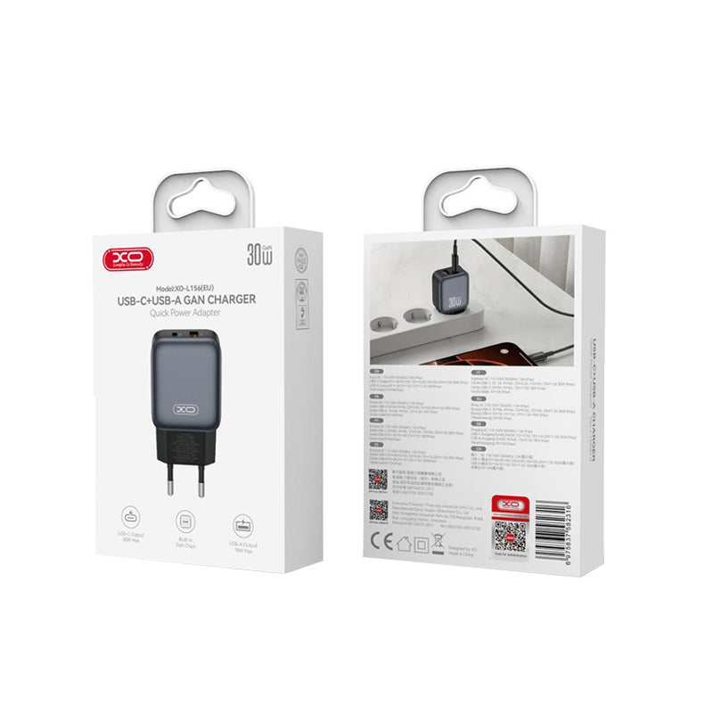 Nätverksladdare XO Design L156, 30W, 3A, 1 x USB-A - 1 x USB-C, Svart