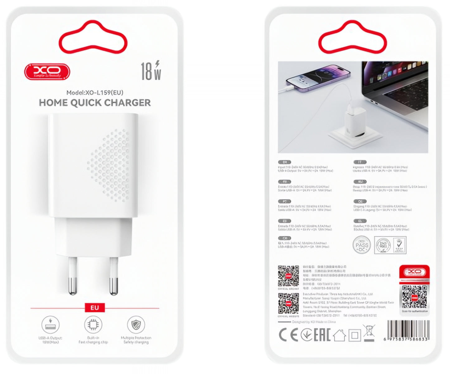 Nätverksladdare XO Design L159, 18W, 3A, 1 x USB-A, Vit