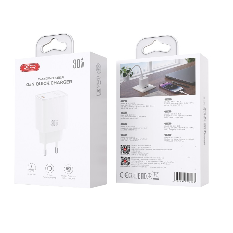 XO Design CE53 nätladdare, 30 W, 3 A, 1 x USB-C, vit