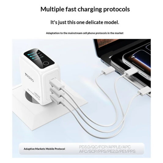 Yesido nätadapter YC114 Display, 140W, 5A, 1 x USB-A - 2 x USB-C, Vit