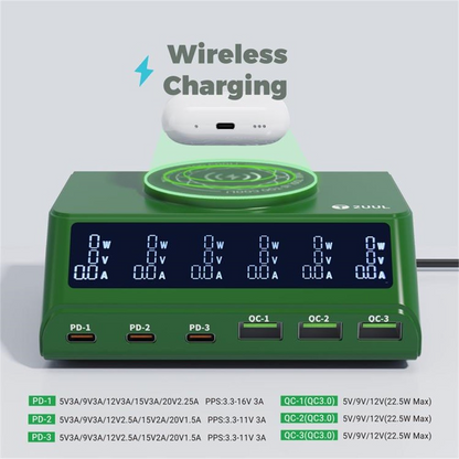 Laddstation 2UUL PC11 QI, 110W, 3A, 3 x USB-A - 3 x USB-C, Grön