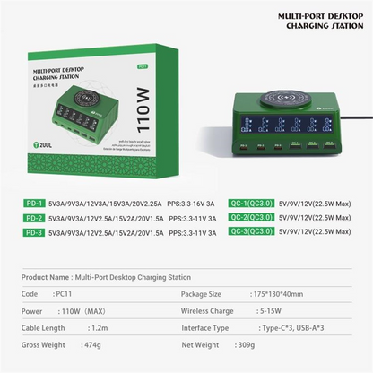 Laddstation 2UUL PC11 QI, 110W, 3A, 3 x USB-A - 3 x USB-C, Grön