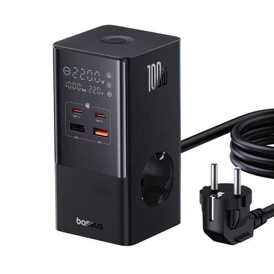 Baseus PowerCombo Tower laddningsstation, 100W, 5A, 2 x Schuko - 2 x USB-A - 2 x USB-C, Svart E00023609113-00