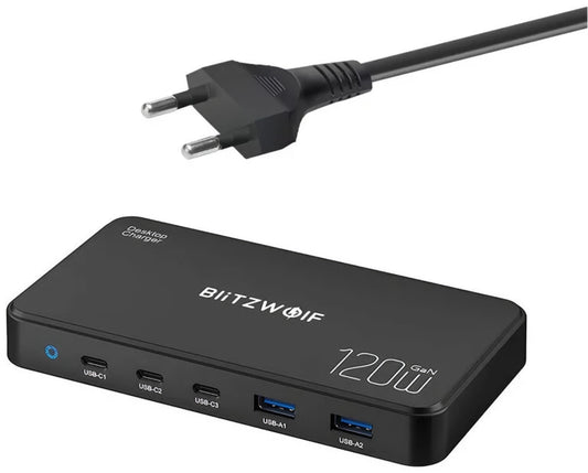 BlitzWolf BW-i100 laddningsstation, 120W, 5A, 2 x USB-A - 3 x USB-C, Svart