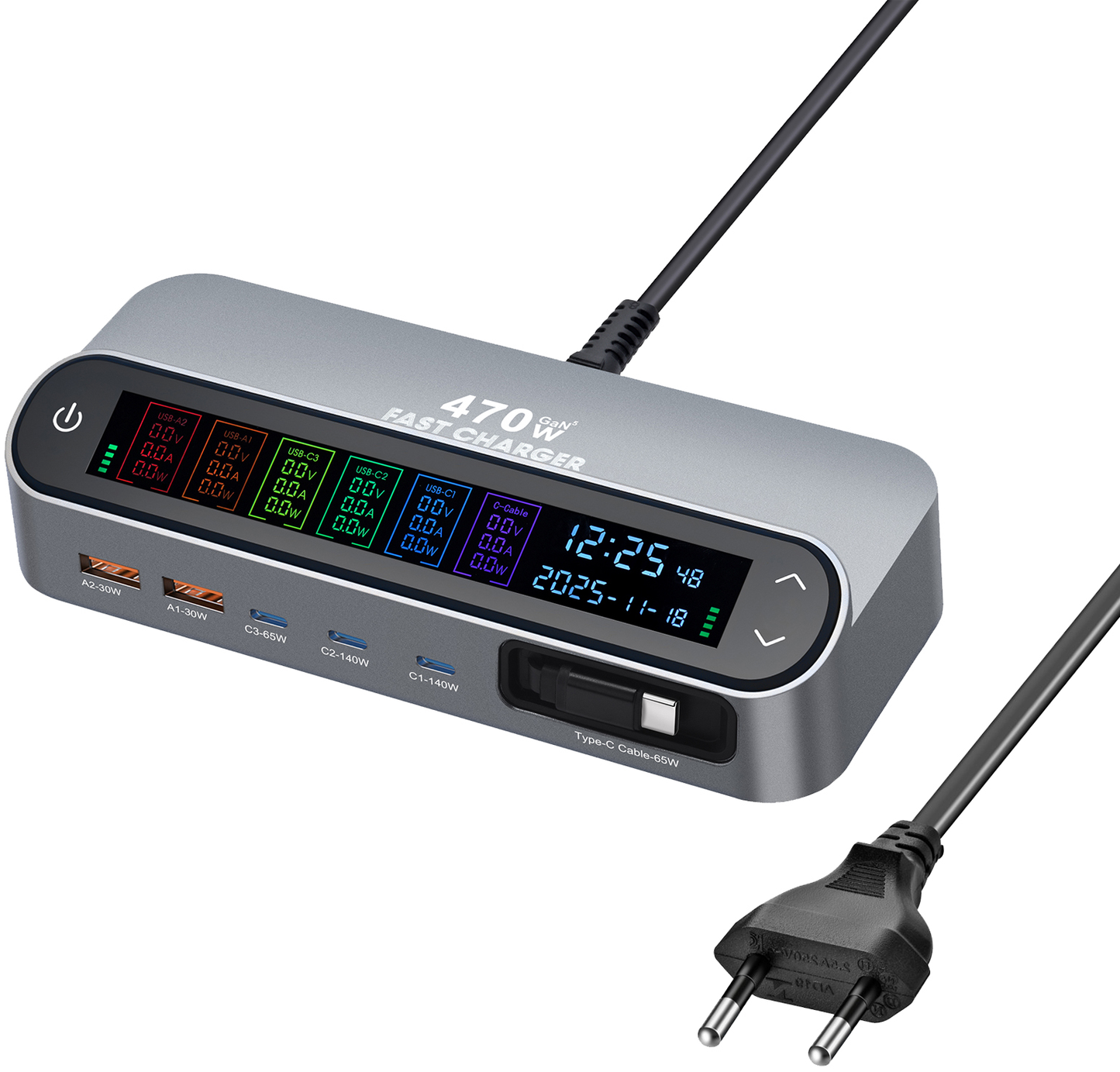 Stationär laddare med USB-C-kabel OEM LCD470W, 470W, 5A, 2 x USB-A - 3 x USB-C, Grå