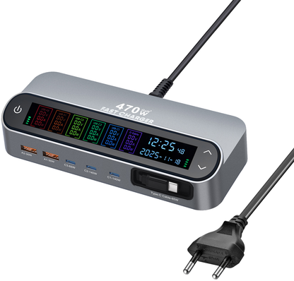 Stationär laddare med USB-C-kabel OEM LCD470W, 470W, 5A, 2 x USB-A - 3 x USB-C, Grå