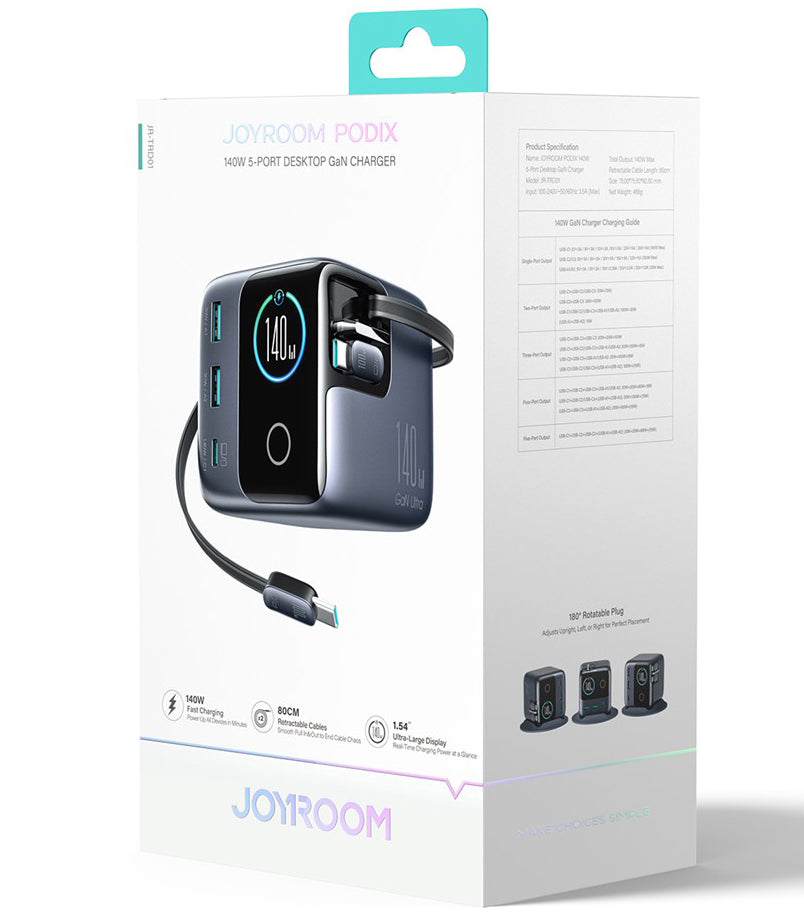 Laddstation med USB-C-kabel Joyroom Podix JR-TRD01, 140W, 1 x USB-C - 2 x USB-A, Grå