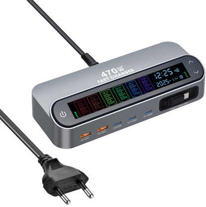 Stationär laddare med USB-C-kabel OEM LCD470W, 470W, 5A, 2 x USB-A - 3 x USB-C, Grå