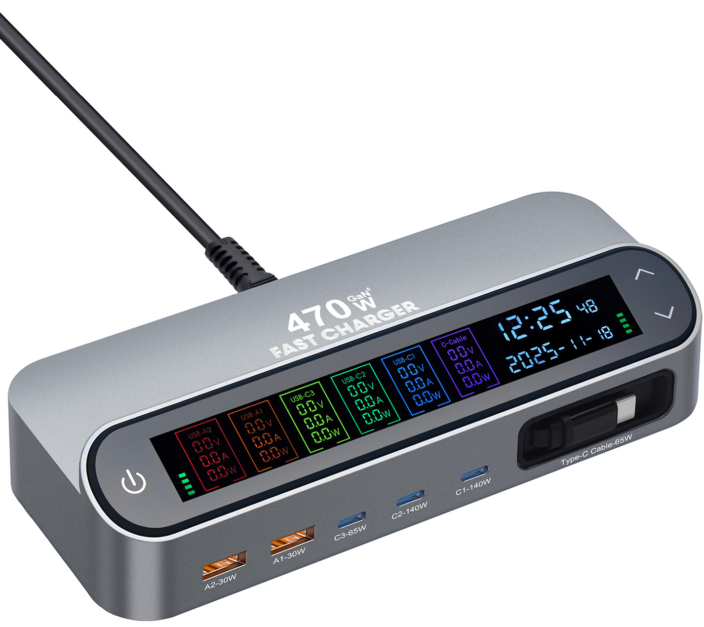 Stationär laddare med USB-C-kabel OEM LCD470W, 470W, 5A, 2 x USB-A - 3 x USB-C, Grå