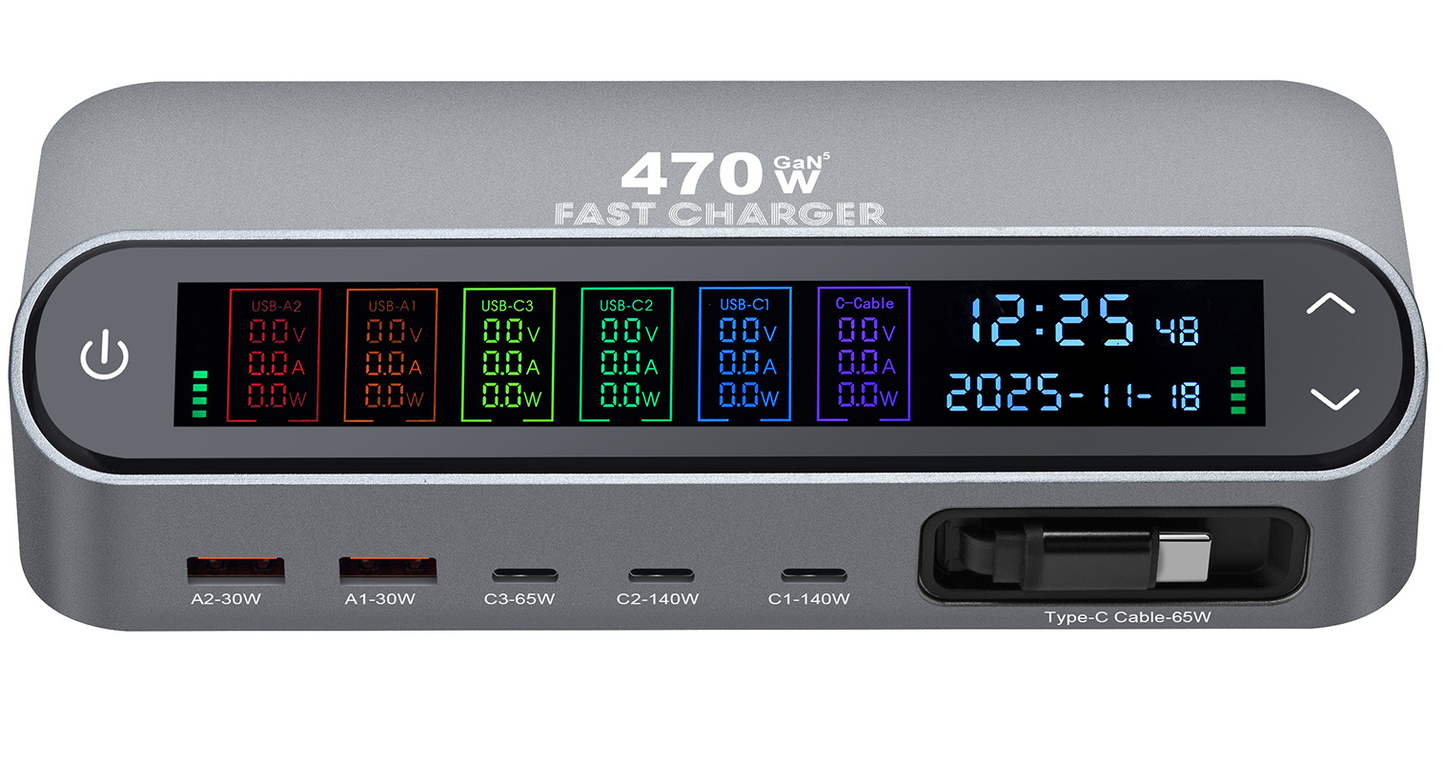 Stationär laddare med USB-C-kabel OEM LCD470W, 470W, 5A, 2 x USB-A - 3 x USB-C, Grå