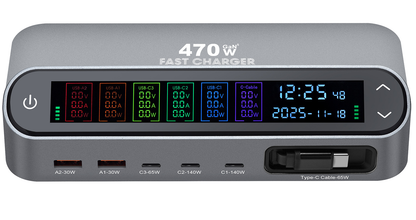 Stationär laddare med USB-C-kabel OEM LCD470W, 470W, 5A, 2 x USB-A - 3 x USB-C, Grå