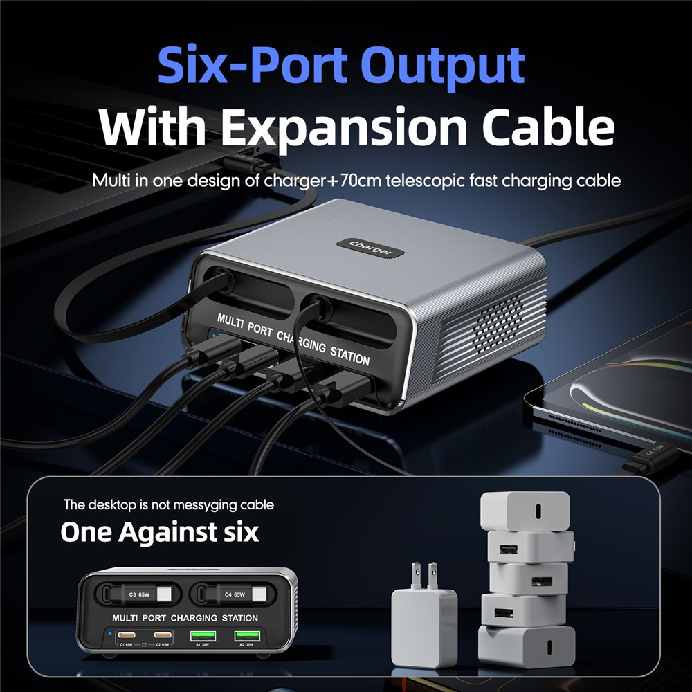 Laddstation med USB-C-kabel OEM WLX-60C, 130W, 2 x USB-A - 2 x USB-C, Grå