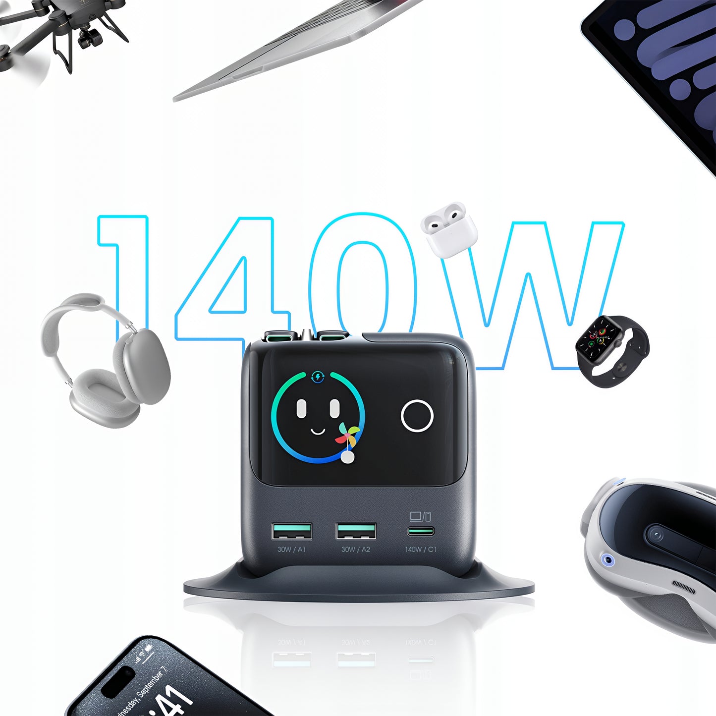Laddstation med USB-C-kabel Joyroom Podix JR-TRD01, 140W, 1 x USB-C - 2 x USB-A, Grå