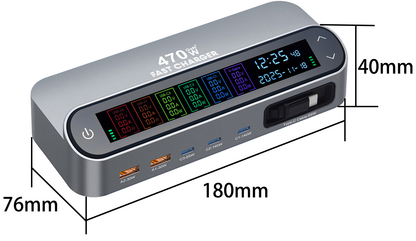 Stationär laddare med USB-C-kabel OEM LCD470W, 470W, 5A, 2 x USB-A - 3 x USB-C, Grå