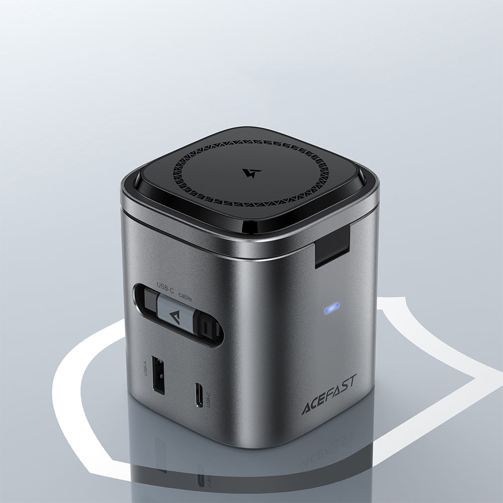 Acefast Z9 QI 6in1 USB-C Cable Charging Station, 80W, 1 x USB-C - 1 x USB-A, Black