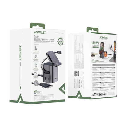 Acefast Z9 QI 6in1 USB-C Cable Charging Station, 80W, 1 x USB-C - 1 x USB-A, Black