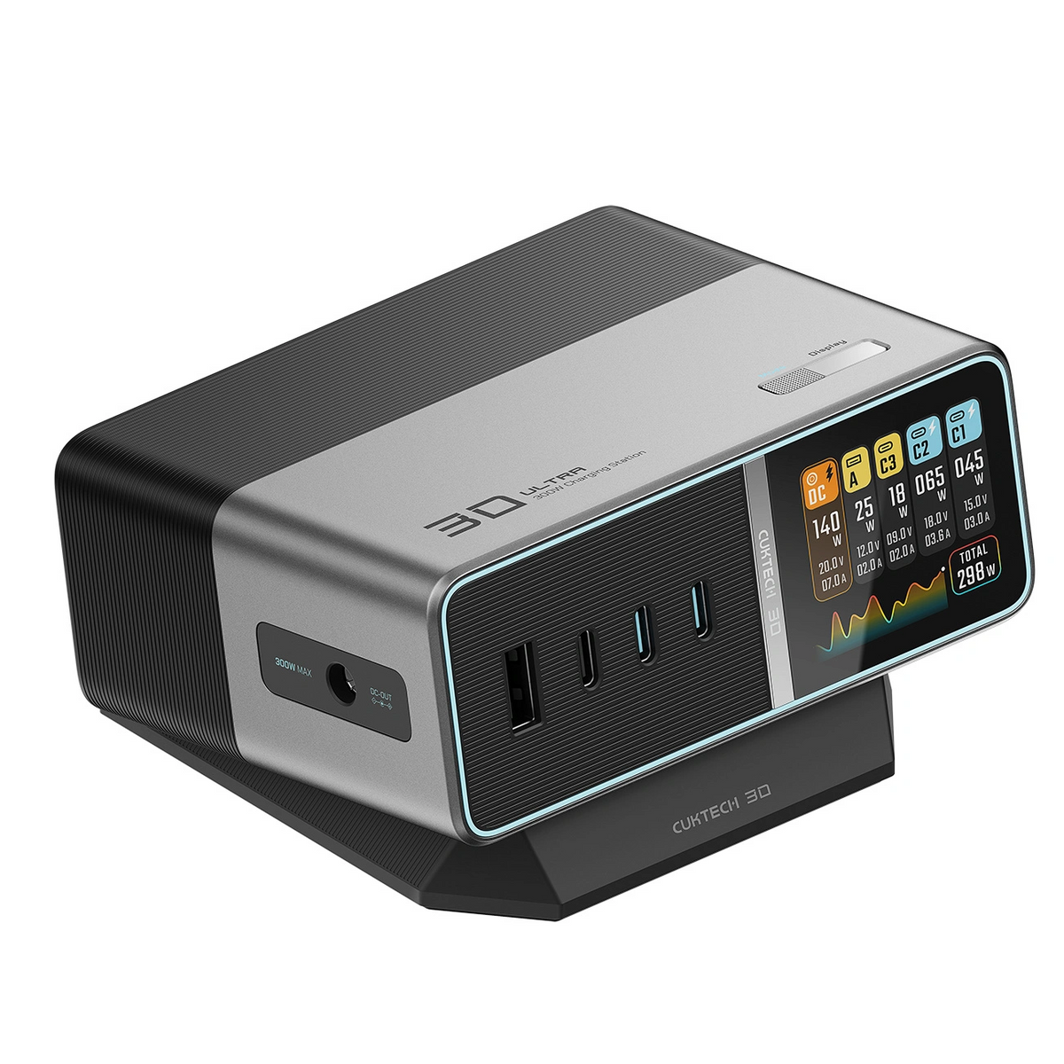 Laddstation Cuktech TA3005U, 300W, 1 x DC - 1 x USB-A - 3 x USB-C, Grå