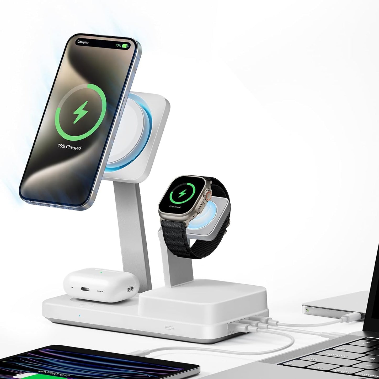 Laddare ESR CryoBoost QI 6in1, 100W, 2 x USB-A - 1 x USB-C, Vit