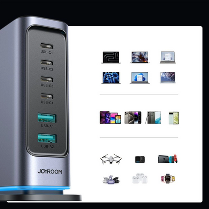 Joyroom JR-TCM02 UK laddstation, 65W, 3,25A, 2 x USB-A - 4 x USB-C, Grå