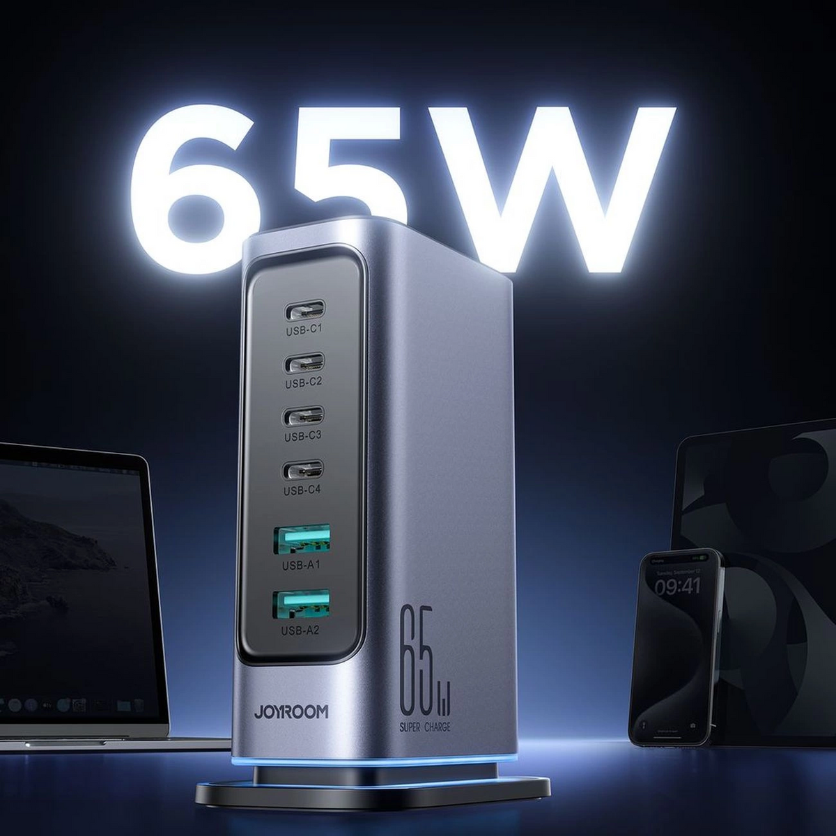 Joyroom JR-TCM02 UK laddstation, 65W, 3,25A, 2 x USB-A - 4 x USB-C, Grå