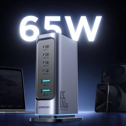 Joyroom JR-TCM02 UK laddstation, 65W, 3,25A, 2 x USB-A - 4 x USB-C, Grå