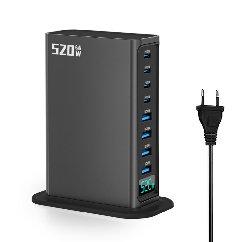 OEM-stationsladdare, 520W, 5A, 4 x USB-A - 4 x USB-C, Grå