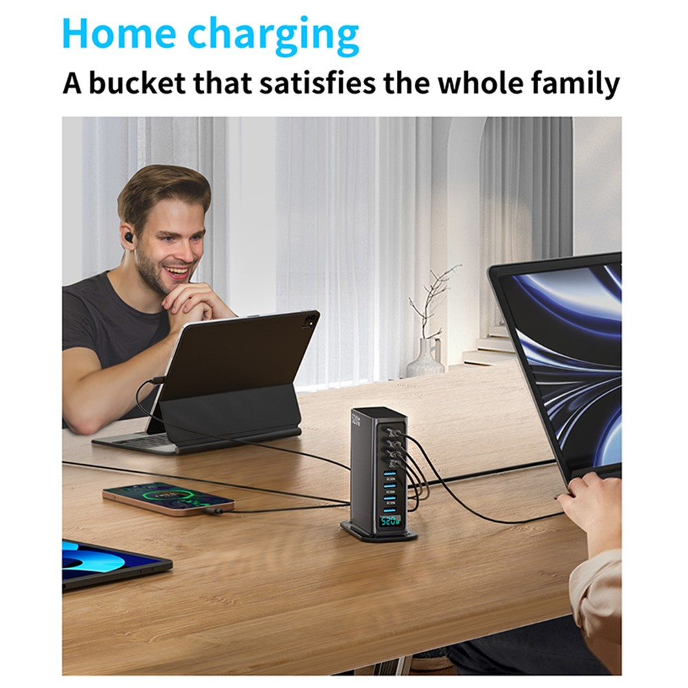 OEM-stationsladdare, 520W, 5A, 4 x USB-A - 4 x USB-C, Grå