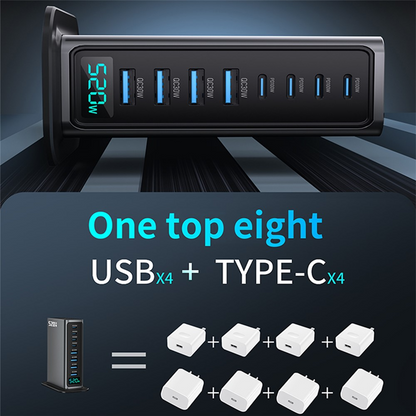 OEM-stationsladdare, 520W, 5A, 4 x USB-A - 4 x USB-C, Grå