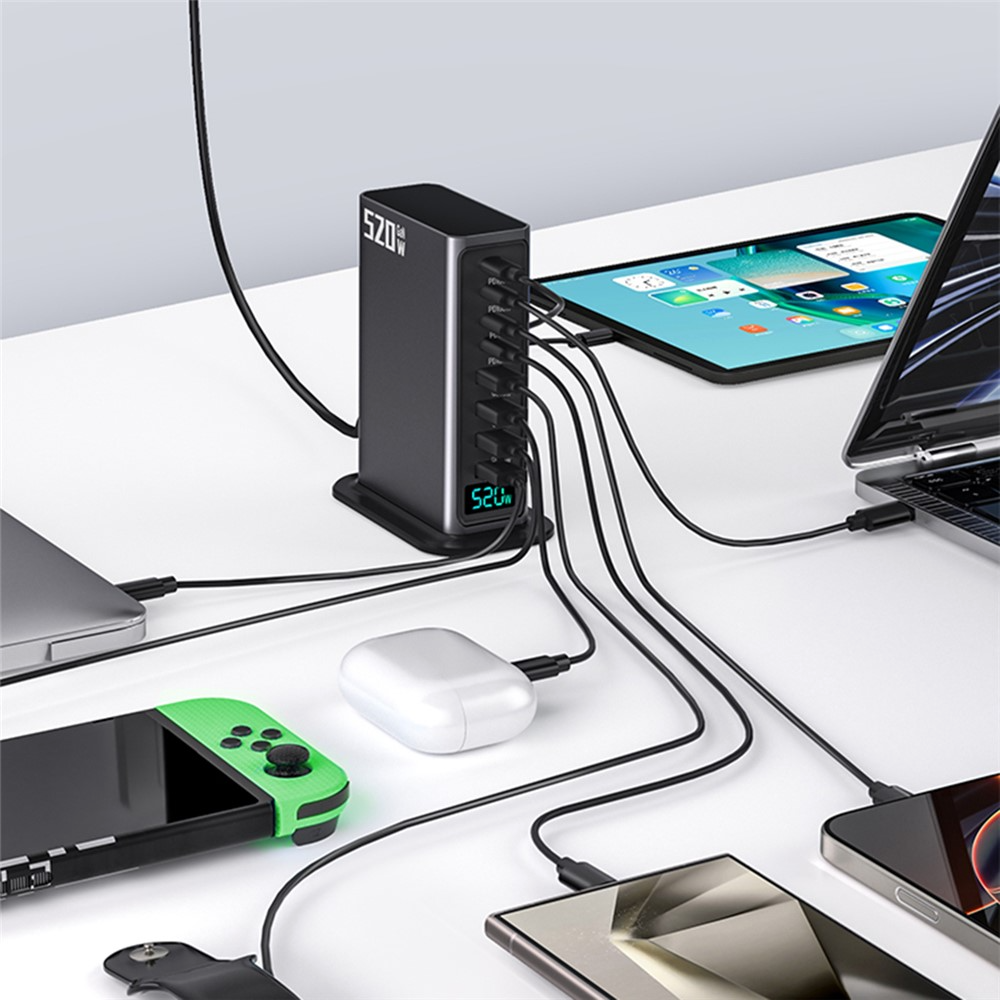OEM-stationsladdare, 520W, 5A, 4 x USB-A - 4 x USB-C, Grå