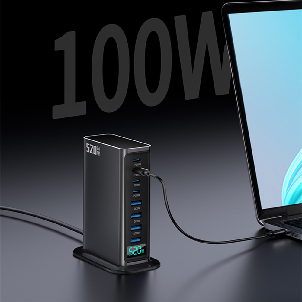 OEM-stationsladdare, 520W, 5A, 4 x USB-A - 4 x USB-C, Grå