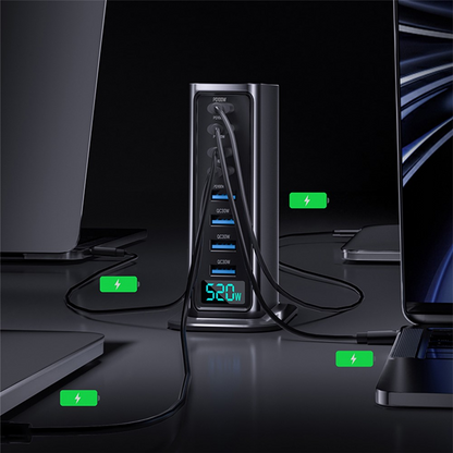 OEM-stationsladdare, 520W, 5A, 4 x USB-A - 4 x USB-C, Grå