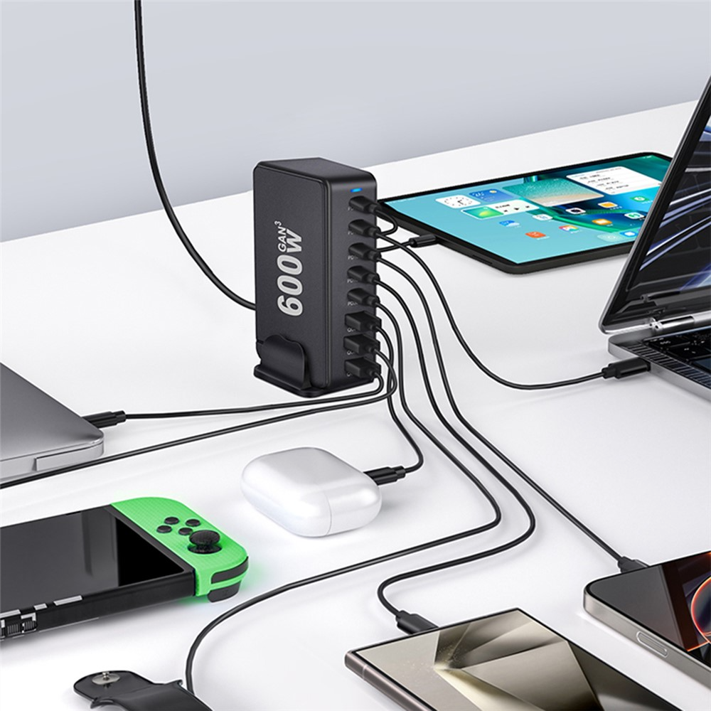 OEM-stationsladdare, 600W, 4 x USB-A - 4 x USB-C, Svart