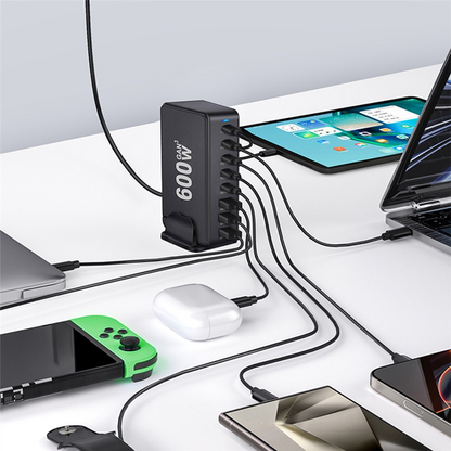 OEM-stationsladdare, 600W, 4 x USB-A - 4 x USB-C, Svart