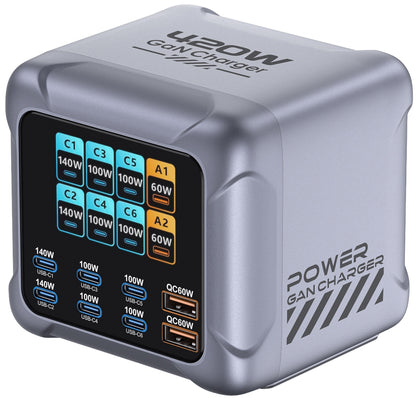 OEM-laddstation BK-126D, 140W, 5A, 2 x USB-A - 6 x USB-C, Grå